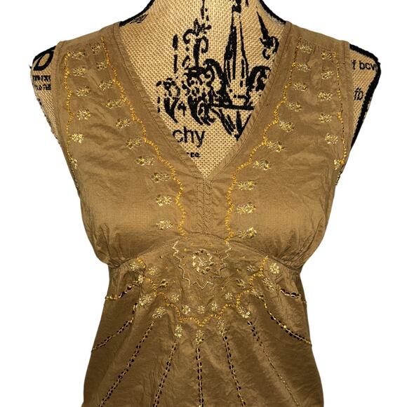 Rag Beaded Tie Back Tank Top Tan Gold Size Medium Sequins Embroidered Boho Chic - Picture 2 of 4
